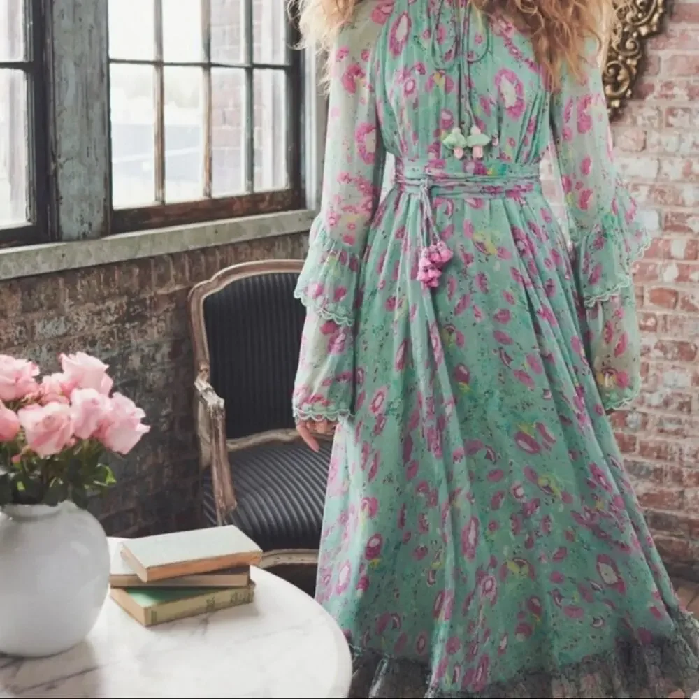 NWT Hemant & Nandita Hera Long Floral Dress Green Midi Medium $546 Retail - Picture 3 of 13